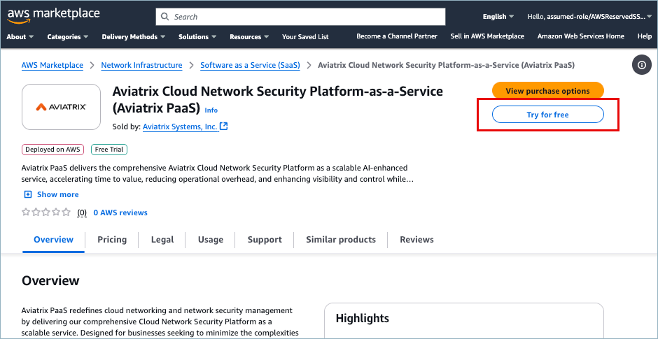 Aviatrix PaaS details on AWS marketplace