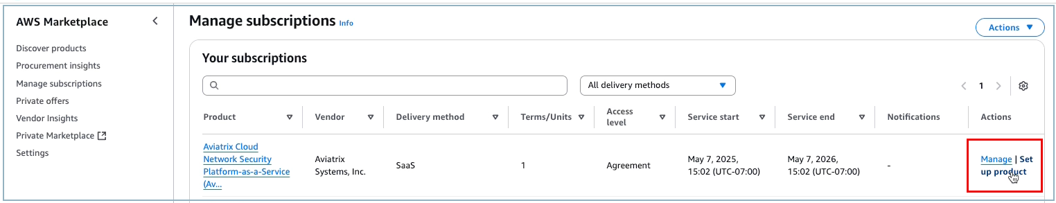 screenshot of manage subscriptions page in aws