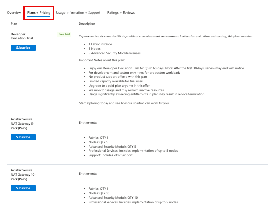 azure marketplace plans & pricing
