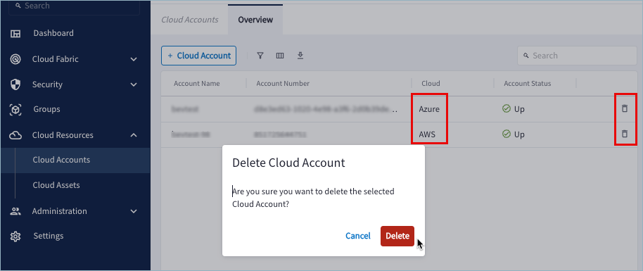 screenshot of deleting a cloud account from paas console