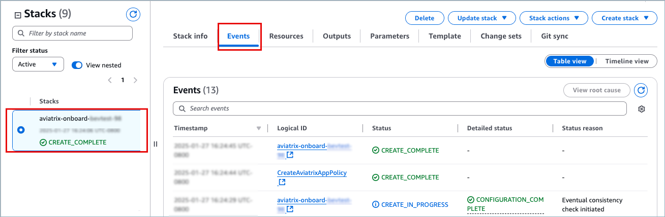 screenshot of AWS cloudformation events tab