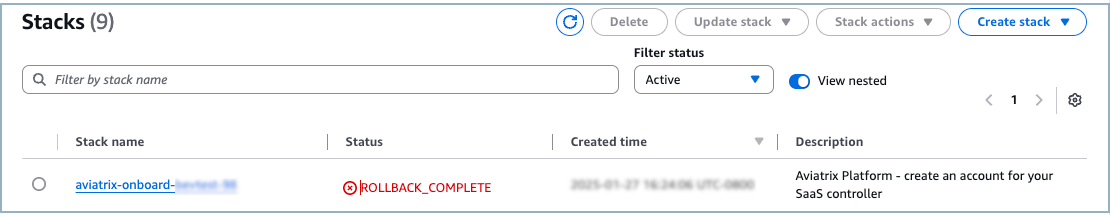 screenshot of AWS cloudformation stacks page