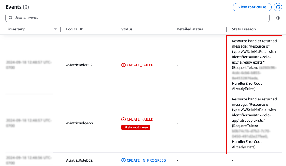 screenshot of AWS cloudformation events with rules and policy errors