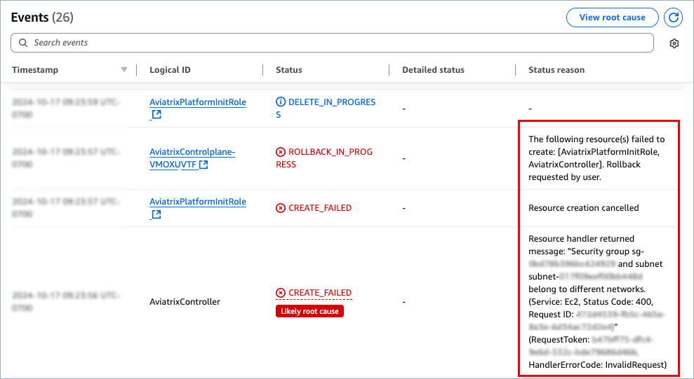 screenshot of AWS cloudformation events with security group error