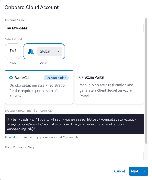 dialog for onboarding azure using the cli