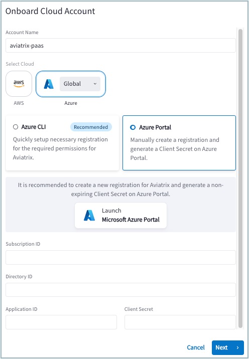 dialog for onboarding azure using the cli
