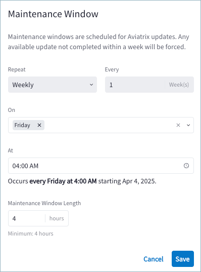 maintenance window dialog