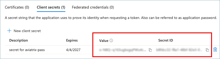 client secret value and ID list in azure