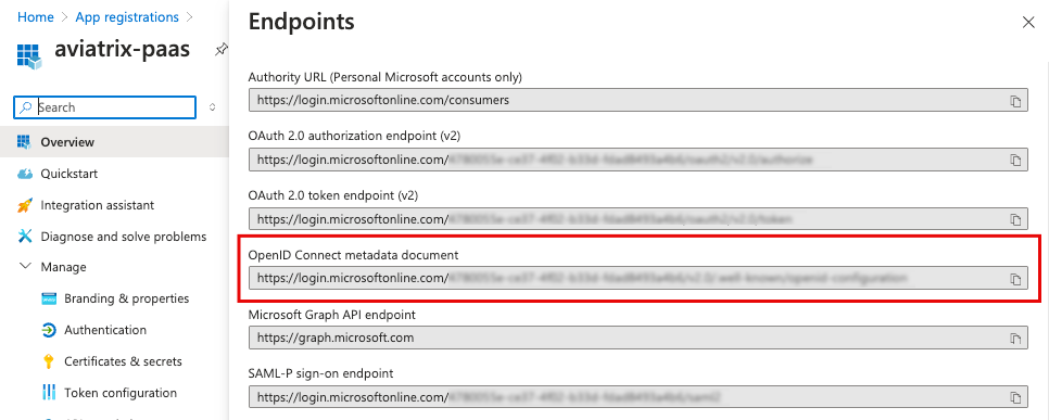 openID connect metadata document on Endpoints page in azure