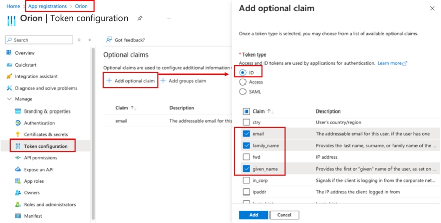 optional claims panel