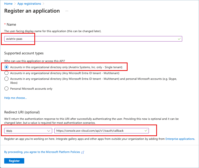 register an application page in azure