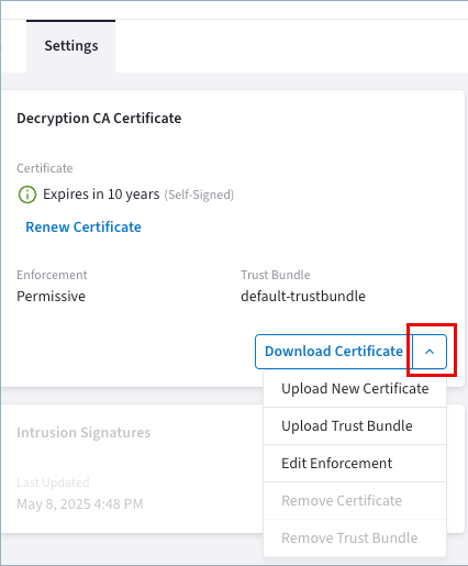 ca certificate more options menu