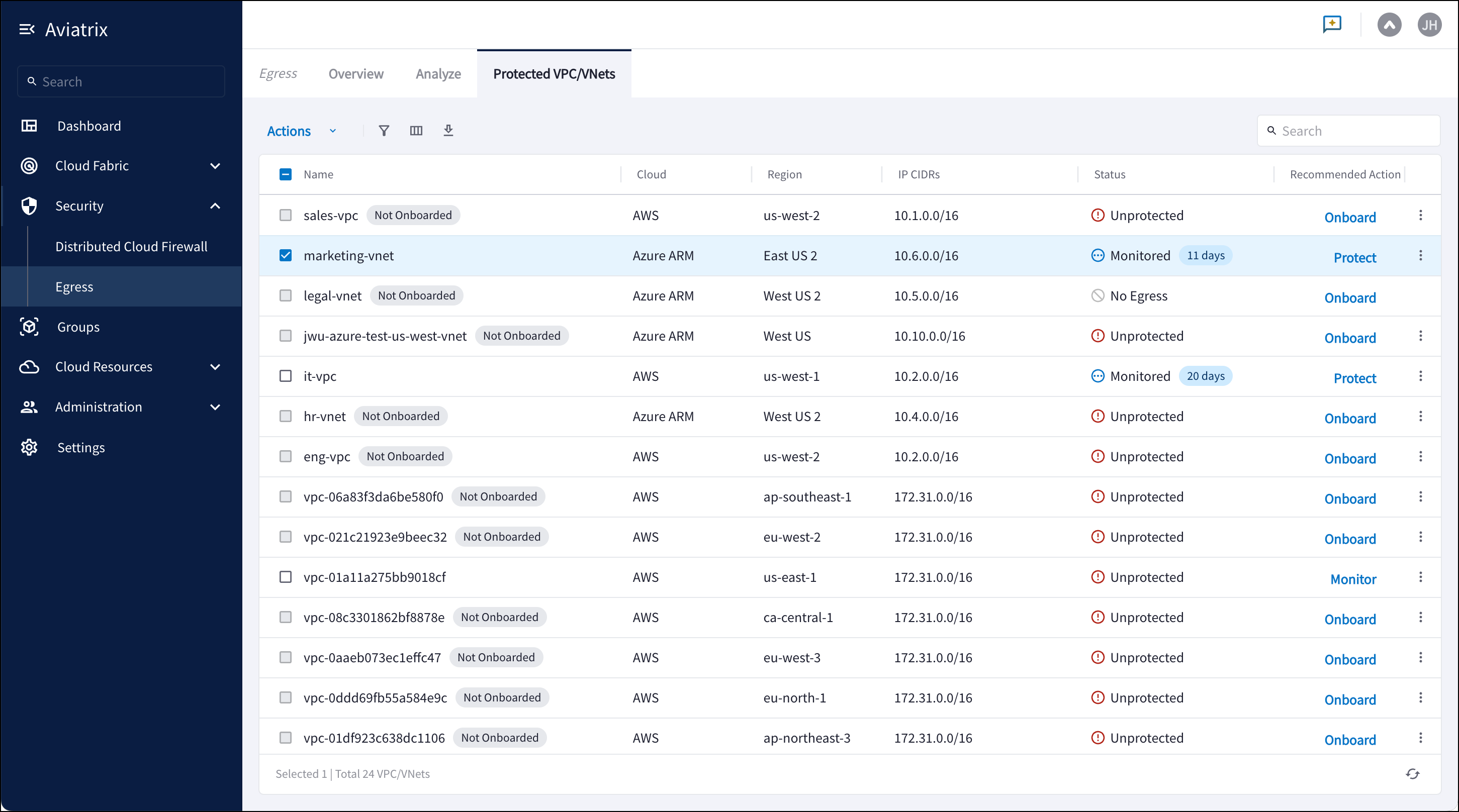 egress protected vpc/vnets page