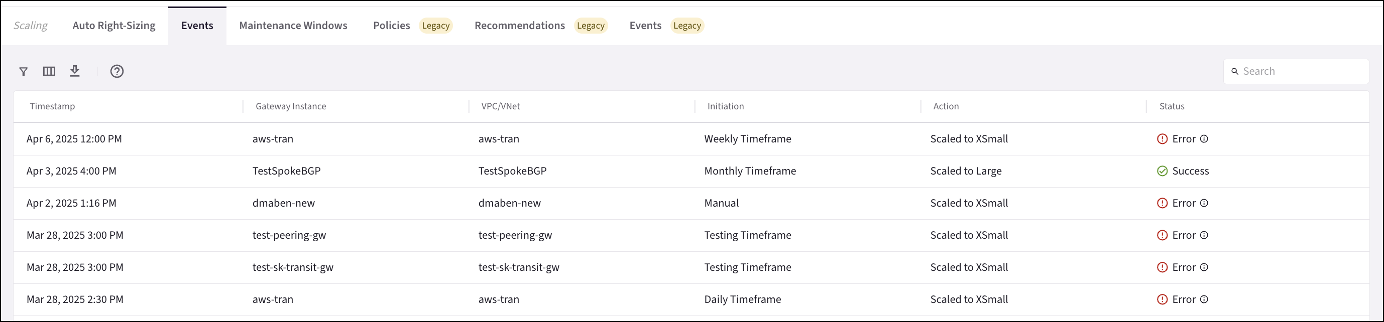 right sizing events tab