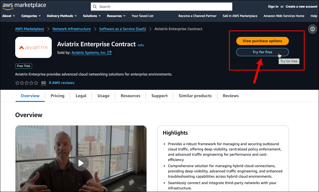 AWS subscription page
