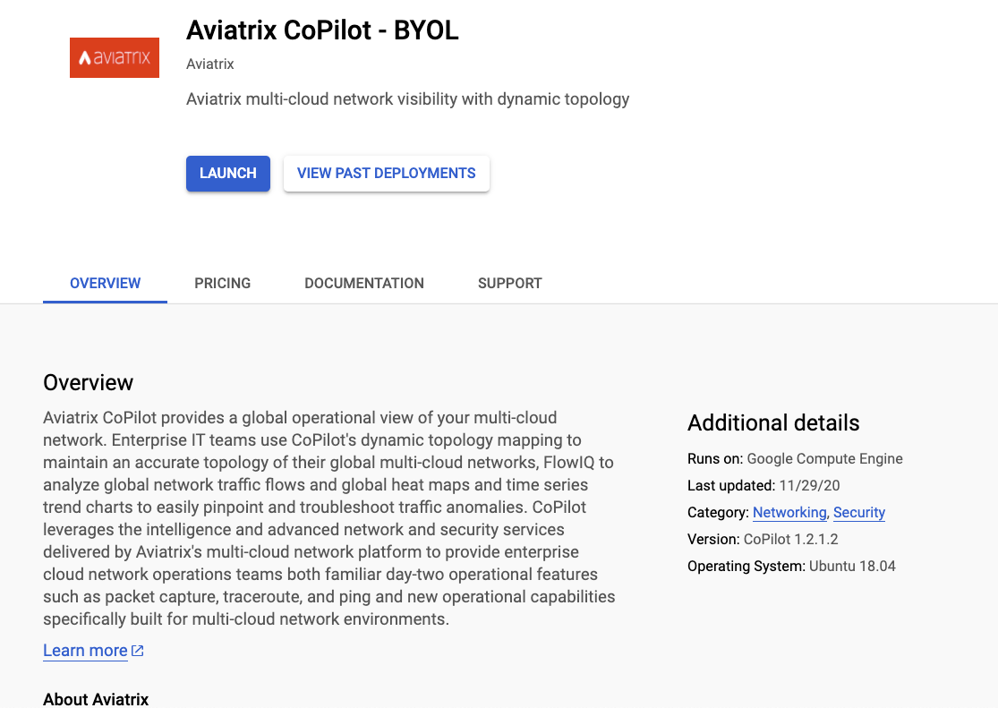 Aviatrix CoPilot in GCP marketplace