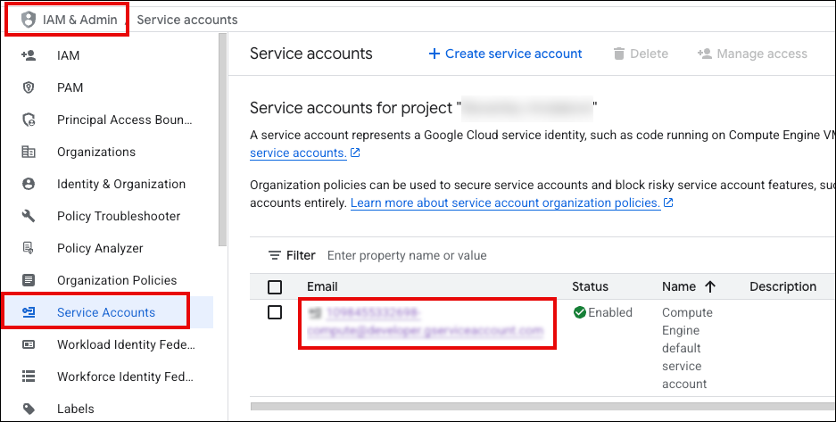 screenshot of GCP service accounts page